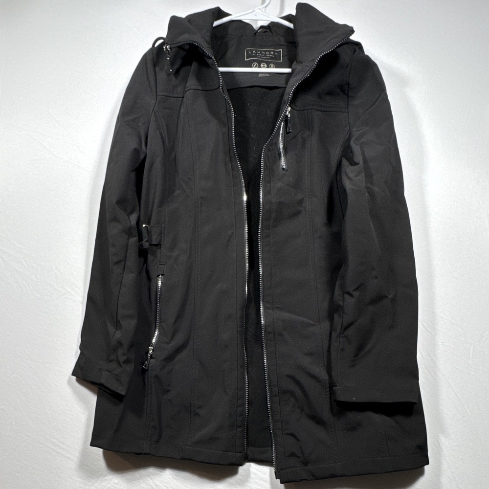 Laundry by Shelli Segal Mens Black Hooded Softshell Jacket Water Resistant M